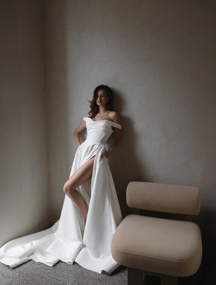 Model wearing a bridal white gown